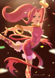 Rule 34 | 1girl, absurdres, bracelet, confetti, dancing, din, highres, jewelry, leotard, necklace, nintendo, open mouth, pointy ears, ponytail, red eyes, red hair, red leotard, smile, takapon-o-ji, the legend of zelda, the legend of zelda: oracle of seasons