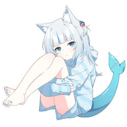 Rule 34 | 1girl, absurdres, alternate costume, animal ear fluff, animal ears, barefoot, blue eyes, blue nails, cat ears, cat tail, crossed legs, dot nose, fins, fish tail, full body, gawr gura, half-closed eyes, highres, hololive, hololive english, hugging own legs, light blush, looking at viewer, multicolored hair, nail polish, pajamas, shark girl, shark tail, streaked hair, striped clothes, striped pajamas, tail, thighs, toenail polish, toenails, toes, ugaaaa1, virtual youtuber, white background, white hair