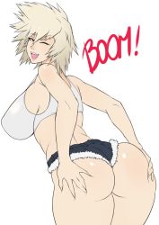 Rule 34 | 10s, 1girl, ;d, ass, ass grab, bakugou mitsuki, blonde hair, boku no hero academia, breasts, crop top, denim, denim shorts, from behind, grabbing own ass, huge ass, large breasts, looking back, mature female, mkonstantinov, one eye closed, open mouth, red eyes, short shorts, shorts, sideboob, simple background, smile, solo, spiked hair, sports bra, thighs, white background