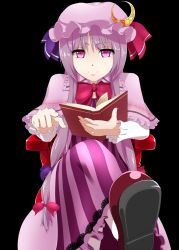 Rule 34 | 1girl, black background, book, bow, capelet, chair, crescent, crossed legs, female focus, hair ribbon, hat, long hair, mary janes, mattari yufi, patchouli knowledge, purple eyes, purple hair, purple theme, ribbon, shoes, simple background, sitting, solo, touhou