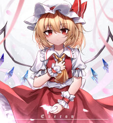 Rule 34 | 1girl, absurdres, ascot, blonde hair, chinese commentary, closed mouth, commentary request, crystal, flandre scarlet, hat, hat ribbon, highres, looking at viewer, mob cap, red eyes, red ribbon, red skirt, red vest, ribbon, short sleeves, signature, skirt, solo, top-exerou, touhou, vest, white hat, wings, wrist cuffs, yellow ascot