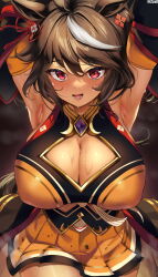 Rule 34 | 1girl, animal ears, armpits, arms behind head, breasts, cleavage, cleavage cutout, clothing cutout, commentary, highres, horse ears, horse girl, horse tail, kitasan black (umamusume), large breasts, multicolored hair, open mouth, orange skirt, red eyes, skirt, smile, solo, streaked hair, sweat, tail, teeth, umamusume, white hair, zzo0