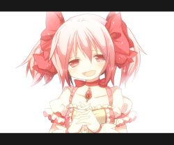 Rule 34 | 10s, 1girl, bad id, bad pixiv id, bow, close-up, dress, gloves, hair bow, jewelry, kaname madoka, letterboxed, magical girl, mahou shoujo madoka magica, mahou shoujo madoka magica (anime), mari audio, necklace, open mouth, pink dress, pink eyes, pink hair, solo, tears, white gloves