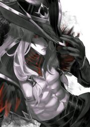 Rule 34 | cowboy, gloves, highres, jacket, league of legends, leather, leather jacket, long hair, pale skin, red eyes, topless male, western, white background, white hair, yone (league of legends)
