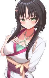 Rule 34 | 1girl, arm behind back, black hair, blush, breasts, cleavage, closed mouth, collarbone, colored eyelashes, commentary, criss-cross halter, green eyes, green shirt, hair between eyes, hair ornament, hairclip, halterneck, hand on own chest, hand up, highres, hitachi mako, jitome, large breasts, long sleeves, looking at viewer, ryu h2so4, senren banka, shirt, short hair with long locks, simple background, smile, solo, split mouth, straight hair, tsurime, upper body, white background, white shirt, x hair ornament