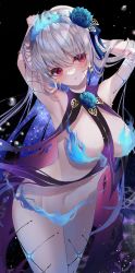 Rule 34 | 1girl, armpits, arms behind head, arms up, bare shoulders, blue fire, blue hair, blush, body markings, bracelet, breasts, chiachun0621, earrings, fate/grand order, fate (series), fire, flower, hair flower, hair ornament, hair ribbon, highres, jewelry, kama (fate), kama (swimsuit avenger) (fate), kama (swimsuit avenger) (third ascension) (fate), large breasts, long hair, looking at viewer, lotus, multicolored hair, navel, red eyes, revealing clothes, ribbon, silver hair, solo, star (symbol), star earrings, thighs, two-tone hair