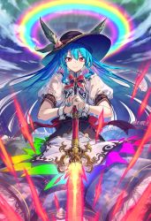 Rule 34 | 1girl, apron, blouse, blue bow, blue hair, blue skirt, bow, buttons, dress shirt, frills, halo, highres, hinanawi tenshi, long hair, multicolored halo, neck ribbon, puffy short sleeves, puffy sleeves, rainbow halo, red bow, red eyes, ribbon, shirt, short sleeves, skirt, solo, sword of hisou, touhou, white shirt, wing collar, zounose