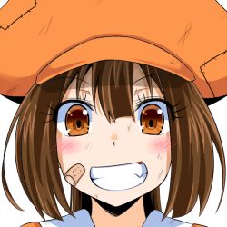 Rule 34 | 1girl, arc system works, bandaid, blush, brown eyes, brown hair, bruise, eyelashes, fang, grin, guilty gear, hat, injury, long hair, may (guilty gear), orange hat, poncocchan, portrait, smile, solo, stitches
