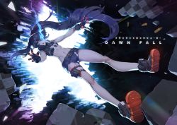 Rule 34 | 1girl, 3d, 3d background, absurdres, bare shoulders, belt, black footwear, black gloves, black rock shooter, black rock shooter: dawn fall, black rock shooter (character), blender (medium), blue eyes, blue fire, blue hair, checkered floor, crack, cube, dark blue hair, english text, falling, fire, fire, flaming eye, gloves, glowing, hair between eyes, highres, long hair, mar10, navel, open hands, parted lips, pouch, reaching, reaching towards viewer, science fiction, shell casing, solo, star (symbol), teeth, thigh pouch, thigh strap, twintails, upper teeth only