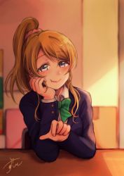 Rule 34 | 10s, 1girl, ayase eli, blazer, blonde hair, blue eyes, blurry, bow, bowtie, classroom, closed mouth, depth of field, eyebrows, eyelashes, hair ornament, hair scrunchie, hand on own cheek, hand on own face, head rest, highres, indoors, jacket, lilylion26, long hair, long sleeves, looking at viewer, love live!, love live! school idol project, nail polish, pink nails, pointing, ponytail, red lips, school, school uniform, scrunchie, smile, solo, striped bow, striped bowtie, striped clothes, striped neckwear, swept bangs, upper body, yuri