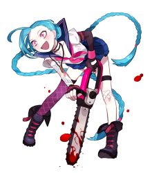 Rule 34 | 1girl, alternate costume, blood, blue hair, blue skirt, boots, braid, chainsaw, fangs, full body, gloves, gwayo, hairline, holding, holding weapon, jinx (league of legends), league of legends, long sleeves, open mouth, pink eyes, school uniform, shirt, skirt, solo, twin braids, weapon, white background, white shirt, yandere