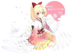 Rule 34 | 1girl, 2017, akeome, artist name, blonde hair, blush, bow, chinese zodiac, feathered wings, happy new year, harpy, highres, monster girl, naraba yueni, new year, original, ponytail, red bow, red eyes, signature, smile, white background, winged arms, wings, year of the rooster