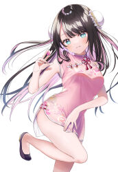 Rule 34 | 1girl, absurdres, alternate costume, black footwear, black hair, blue eyes, blush, breasts, bun cover, china dress, chinese clothes, colored inner hair, diamond-shaped pupils, diamond (shape), double bun, dress, fang, fang out, hair bun, head tilt, highres, holding, holding mahjong tile, kaga nazuna, long hair, looking at viewer, mahjong, mahjong tile, medium breasts, mole, mole under eye, multicolored hair, pink dress, pink hair, pome charo, short dress, side slit, simple background, smile, solo, standing, standing on one leg, swept bangs, symbol-shaped pupils, thighs, two-tone hair, very long hair, virtual youtuber, vspo!, white background