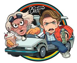 Rule 34 | 2boys, back to the future, brown hair, car, cherry, chibi, copyright name, delorean, drinking straw, emmett brown, facing viewer, food, fruit, full body, gashi-gashi, glass bottle, gloves, goggles, goggles on head, green eyes, gullwing doors, looking at viewer, male focus, marty mcfly, motor vehicle, multiple boys, old, old man, open mouth, simple background, spoon, sweat, vehicle focus, vest, white hair
