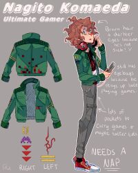 Rule 34 | 1boy, :o, absurdres, blush, brown pants, character name, danganronpa (series), danganronpa 2: goodbye despair, earrings, english text, fala alfredo pasta, from side, full body, game boy, green eyes, green jacket, grey background, hair between eyes, handheld game console, headphones, highres, holding, holding handheld game console, jacket, jewelry, komaeda nagito, long sleeves, medium hair, messy hair, open clothes, open jacket, pants, red footwear, red shirt, shirt, simple background, solo, standing, white shirt