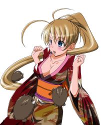 Rule 34 | 1girl, blonde hair, blue eyes, blush, boar, breasts, cleavage, covered erect nipples, japanese clothes, kimono, large breasts, long hair, open mouth, original, ponytail, sideboob, solo, yuukami (wittsu)