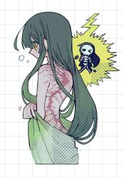 Rule 34 | &gt; o, 1girl, 50zushi, bare back, blush stickers, bubble, chibi, chibi inset, commentary request, cropped legs, electrocution, from behind, green hair, green robe, grid background, hair over shoulder, halftone, heart, heart-shaped eyes, lichtenberg figure, lightning, lightning scar, long hair, looking ahead, multiple views, one eye closed, profile, robe, scar, scar on back, skeleton, topless, touhoku zunko, undressing, voiceroid, white background, x-ray, yellow eyes