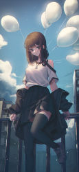 Rule 34 | 1girl, absurdres, balloon, black jacket, black skirt, black thighhighs, blue eyes, blue sky, brown hair, cityscape, clothing cutout, cloud, day, domi (hongsung0819), foot out of frame, highres, holding, holding balloon, jacket, jewelry, light particles, long hair, looking down, nail polish, necklace, off shoulder, original, outdoors, pleated skirt, railing, red nails, shirt, shoes, shoulder cutout, skirt, sky, solo, standing, standing on one leg, thighhighs, white shirt