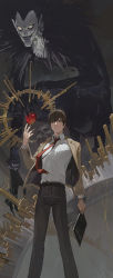 Rule 34 | 2boys, absurdres, apple, belt, black hair, book, brown hair, brown pants, closed mouth, death note, death note (object), food, formal, fruit, highres, holding, holding book, modare, multiple boys, necktie, pants, serious, shinigami, shirt, short hair, standing, suit, white eyes, white shirt, wing collar, yagami light