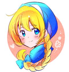 Rule 34 | 1girl, azusa (azchemist63), blonde hair, blue eyes, blue hat, blue scarf, blush, bow, braid, closed mouth, fire emblem, fire emblem: genealogy of the holy war, hair bow, hat, long hair, looking at viewer, nintendo, patty (fire emblem), scarf, simple background, smile, solo
