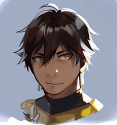 Rule 34 | 1boy, armor, brown hair, closed mouth, dark-skinned male, dark skin, earrings, fate/grand order, fate/prototype, fate/prototype: fragments of blue and silver, fate (series), gorget, grey background, hair between eyes, idk-kun, jewelry, looking to the side, male focus, ozymandias (fate), portrait, simple background, solo, yellow eyes
