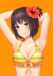 Rule 34 | 1girl, aimori meguru, armpits, arms behind head, arms up, bad id, bad pixiv id, bare arms, bare shoulders, bikini, blush, bow, bow bikini, breasts, brown eyes, brown hair, cleavage, collarbone, commentary request, fang, flower, front-tie top, grin, hair flower, hair ornament, halterneck, hibiscus, highres, looking at viewer, medium breasts, mole, mole under eye, one side up, orange background, original, red flower, short hair, simple background, smile, solo, striped bikini, striped clothes, swimsuit, upper body, wet, wet hair, yellow bikini, yellow bow