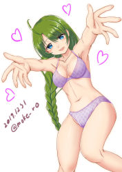 Rule 34 | 1girl, blue eyes, bra, braid, dated, feet out of frame, foreshortening, green hair, kantai collection, long hair, looking at viewer, moke ro, mole, mole under mouth, panties, pink bra, pink panties, simple background, single braid, sitting, smile, solo, twitter username, underwear, underwear only, very long hair, yuugumo (kancolle)