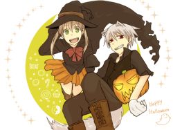 Rule 34 | 00s, 1boy, 1girl, animal ears, bare legs, blonde hair, boots, candy, candy cane, costume, cupcake, food, ghost, green eyes, grin, halloween, happy halloween, hat, jack-o&#039;-lantern, maka albarn, pumpkin, red eyes, short hair, simple background, skirt, smile, soul eater, soul evans, tail, teeth, twintails, white background, white hair, witch hat
