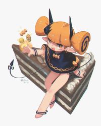 Rule 34 | 1girl, :d, artist name, bare legs, barefoot, black hair, blunt bangs, bow, cake, cake slice, candy, capelet, chocolate chip cookie, commentary, cookie, dated, demon girl, demon tail, earrings, english commentary, food, highres, horns, jewelry, looking at viewer, macaron, multicolored hair, open mouth, orange bow, orange eyes, orange hair, original, outstretched arm, pointy ears, porforever, sharp teeth, short hair, simple background, single earring, smile, solo, tail, tastie (porforever), teeth, twintails, white background