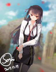Rule 34 | 1girl, arm across waist, arm at side, black dress, blunt bangs, blurry, blush, braid, breasts, bride, brown hair, cleavage, closed mouth, cowboy shot, dated, day, depth of field, dress, girls&#039; frontline, hair ribbon, half-closed eyes, half updo, hand on own arm, jewelry, long hair, looking at viewer, medium breasts, necktie, one side up, outdoors, pantyhose, pelvic curtain, petals, purple hair, red eyes, red necktie, ribbon, ring, rose petals, short dress, side ponytail, signature, solo, thighband pantyhose, tsundere, very long hair, vkdlfl777, wa2000 (girls&#039; frontline), wedding, wedding band, wedding ring