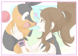 Rule 34 | 1girl, :d, black vest, brown eyes, brown hair, commentary, commentary request, creatures (company), english commentary, eye contact, from side, game freak, gen 5 pokemon, happy, heart, hilda (pokemon), holding, holding pokemon, komqme, long hair, looking at another, mixed-language commentary, nintendo, open mouth, pokemon, pokemon (creature), pokemon bw, ponytail, profile, shirt, sleeveless, sleeveless shirt, smile, teeth, tepig, upper body, upper teeth only, vest, white shirt