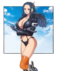 Rule 34 | 1girl, alternate costume, artist name, black gloves, black hair, black jacket, breasts, brown eyes, cleavage, commentary request, egghead island, eyelashes, gloves, happy, highres, jacket, large breasts, long hair, looking at viewer, navel, nico robin, nico robin (egghead), official alternate costume, one piece, orange thighhighs, revealing clothes, smile, solo, standing, thighhighs, thighs, thong, twitter username, youkan (tako)