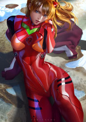 Rule 34 | 1girl, blue eyes, bodysuit, breasts, breasts apart, cowboy shot, dated, day, from above, hair between eyes, head tilt, interface headset, jacket, leaning to the side, long hair, looking at viewer, lying, narrow waist, neon genesis evangelion, on back, orange hair, outdoors, parted bangs, parted lips, pilot suit, plugsuit, puddle, realistic, red bodysuit, red jacket, reflection, signature, sitting, skin tight, souryuu asuka langley, water, wide hips, zumi (zumidraws)