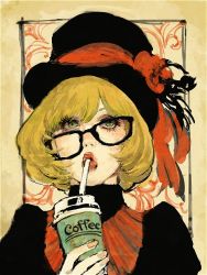 Rule 34 | 1girl, as (ashes), blonde hair, coffee, collared shirt, drinking, eyelashes, glasses, green eyes, hat, looking at viewer, original, red lips, simple background, solo