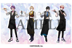 Rule 34 | 4boys, ;), ;d, apron, black apron, black footwear, black gloves, black hair, black pants, black undershirt, black vest, blonde hair, blue eyes, blue necktie, border, bow, bowtie, cake, cake slice, closed mouth, cloth, collared shirt, colored inner hair, copyright notice, cross tie, crossed bangs, cup, curtained hair, drinking glass, food, fruit, full body, fura kanato, gloves, grey shirt, grin, hair between eyes, hair intakes, hand on own chin, hand up, high tops, holding, holding menu, holding plate, holding tray, kurono yuu, lapel pin, lapels, lawson, loafers, long sleeves, looking at viewer, macaron, male focus, menu, mint chocolate, multicolored hair, multiple boys, neck ribbon, necktie, nijisanji, official art, one eye closed, open hand, open mouth, orange hair, pants, parfait, pink hair, plate, purple eyes, purple hair, red eyes, red hair, red ribbon, ribbon, sample watermark, seraph dazzlegarden, shikinagi akira, shirt, shoes, short hair, sleeve garter, sleeves rolled up, smile, sneakers, standing, strawberry, teacup, teapot, traditional bowtie, tray, turtleneck, vest, virtual youtuber, voltaction, waist apron, waistcoat, waiter, watarai hibari, watermark, whipped cream, white border, white footwear, yellow bow, yellow bowtie, yellow eyes