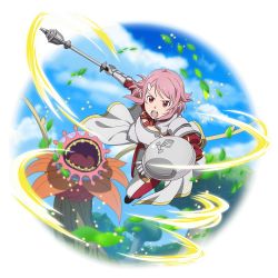 Rule 34 | 1girl, armor, breastplate, cape, floating hair, freckles, highres, holding, holding shield, lisbeth (sao-alo), looking at viewer, mace, neck ribbon, official art, open mouth, panties, pink hair, pointy ears, red ribbon, ribbon, shield, short hair, shoulder armor, solo, striped, striped ribbon, sword art online, transparent background, underwear, waist cape, weapon, white cape, white panties