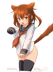 Rule 34 | 1girl, animal ears, black thighhighs, brown eyes, brown hair, cat ears, cat tail, clothes pull, commentary request, cowboy shot, fang, hair ornament, hairclip, ikazuchi (kancolle), kantai collection, mixed-language commentary, neckerchief, no pants, ray.s, red neckerchief, school uniform, serafuku, shirt pull, short hair, simple background, skin fang, sleeves past wrists, solo, tail, thighhighs, white background