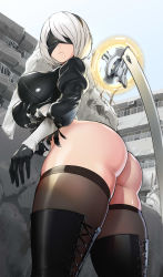Rule 34 | 1girl, absurdres, alternate breast size, ass, ass focus, black blindfold, black footwear, black gloves, black thighhighs, blindfold, boots, bracer, breasts, covered eyes, cross-laced footwear, expressionless, feather-trimmed sleeves, floating, floating object, floating weapon, from below, gloves, grey sky, highres, impossible clothes, lace-up boots, large breasts, leotard, mole, mole under mouth, nier:automata, nier (series), nisetanaka, no pants, paid reward available, post-apocalypse, see-through, see-through legwear, sky, solo, sword, thick thighs, thighhighs, thighhighs under boots, thighs, thong leotard, twisted torso, weapon, weapon on back, 2b (nier:automata)
