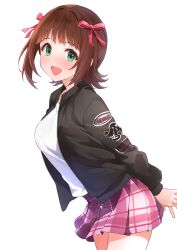 :d absurdres alternate_breast_size amami_haruka arms_behind_back b1ack_illust black_jacket blush breasts brown_hair cowboy_shot dot_nose from_side green_eyes hair_ribbon highres idolmaster idolmaster_(classic) jacket large_breasts leaning_forward long_sleeves looking_to_the_side medium_hair miniskirt open_clothes open_jacket open_mouth pink_ribbon pink_skirt plaid_clothes plaid_skirt ribbon shirt sidelocks simple_background skirt smile sparkle standing white_background white_shirt zipper zipper_pull_tab