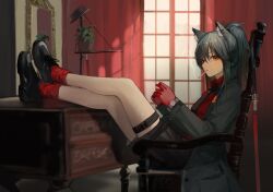 Rule 34 | 1girl, absurdres, animal ear fluff, animal ears, arknights, armchair, black coat, black footwear, black hair, black necktie, black shorts, chair, cigarette, coat, collared shirt, crossed legs, curtains, desk, gloves, highres, indoors, kneehighs, legs, legs on table, legs up, long hair, long sleeves, mouth hold, necktie, official alternate costume, open clothes, open coat, plant, ponytail, potted plant, red eyes, red gloves, red shirt, red socks, shijiubashuazi, shirt, shoes, shorts, sitting, smoke, smoking, socks, solo, texas (arknights), texas (willpower) (arknights), thigh strap, watch, window, wolf ears, wristwatch