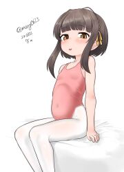 Rule 34 | 1girl, absurdres, black hair, blunt bangs, braid, brown eyes, crown braid, feet out of frame, flat chest, highres, kantai collection, leotard, maru (marg0613), one-hour drawing challenge, pantyhose, pink leotard, short hair, short hair with long locks, simple background, sitting, solo, tongue, tongue out, ukuru (kancolle), white background, white pantyhose