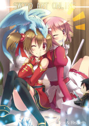 Rule 34 | 10s, 1girl, 2girls, apron, armor, back-to-back, breastplate, brown hair, character doll, dragon, fingerless gloves, gloves, kirito, lisbeth (sao), multiple girls, pina (sao), pink eyes, pink hair, red eyes, short hair, short twintails, silica, sword art online, thighhighs, tougo, twintails