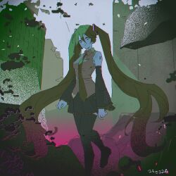 Rule 34 | 1girl, black footwear, black skirt, black sleeves, boots, breasts, commentary, corruption, dated, detached sleeves, english commentary, expressionless, feet out of frame, film grain, green eyes, green hair, green necktie, grey shirt, hatsune miku, haun, leg up, long hair, looking at viewer, medium breasts, necktie, number tattoo, pleated skirt, ruins, shirt, shoulder tattoo, skirt, solo, tattoo, thigh boots, twintails, very long hair, vocaloid