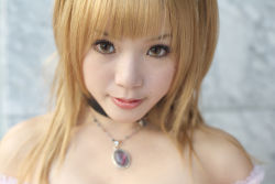 Rule 34 | 1girl, amane misa, amane misa (cosplay), asian, bare shoulders, blonde hair, choker, color contacts, cosplay, death note, indoors, jewelry, kipi-san, long hair, looking at viewer, mole, pendant, photo (medium), solo