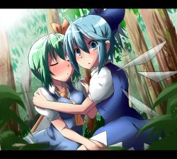 Rule 34 | 2girls, ascot, blue eyes, blue hair, blush, bow, breasts, caught, cirno, closed eyes, daiyousei, fairy, fairy wings, full-face blush, green hair, hair ribbon, hand on another&#039;s thigh, hand on shoulder, hand on thigh, ice, ice wings, imminent kiss, kuromu (underporno), letterboxed, looking at viewer, looking back, multiple girls, ribbon, short hair, side ponytail, touhou, tree, wings, yuri
