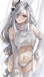 Rule 34 | 1girl, atiarta7, bare shoulders, blue eyes, blush, breasts, detached sleeves, genshin impact, grey hair, hair ornament, hair over one eye, highres, large breasts, long hair, long sleeves, looking at viewer, meme attire, navel, shenhe (genshin impact), sleeves past wrists, solo, stomach, thighhighs, very long hair, virgin destroyer sweater, white background, white hair, white thighhighs