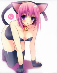 Rule 34 | 1girl, all fours, animal ears, bare shoulders, bell, black gloves, black thighhighs, blush, breasts, cat ears, cat tail, choker, cleavage, collar, crawling, fake animal ears, fang, female focus, gloves, jingle bell, neck bell, open mouth, pink hair, purple eyes, short hair, smile, solo, strapless, suzuhira hiro, tail, thighhighs