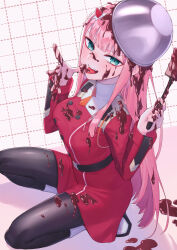 Rule 34 | 1girl, absurdres, belt, black belt, black pantyhose, bowl, bowl hat, breasts, chocolate, chocolate on body, chocolate on breasts, chocolate on clothes, chocolate on face, chocolate syrup, darling in the franxx, dress, eyeliner, fangs, food, food on body, food on clothes, food on face, food on head, hairband, hands up, hat, highres, holding, holding spoon, horns, kazakamiokenai, licking, licking finger, long hair, long sleeves, looking at viewer, makeup, medium breasts, messy, military uniform, necktie, object on head, open mouth, pantyhose, pink hair, red dress, red eyeliner, red horns, short necktie, solo, spoon, squatting, straight hair, teeth, tongue, tongue out, uniform, upper teeth only, very long hair, white hairband, zero two (darling in the franxx)