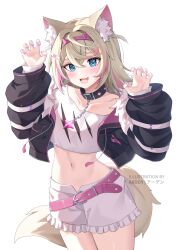 Rule 34 | 1girl, animal ear fluff, animal ears, ardenlolo, belt, black choker, black jacket, blonde hair, blue eyes, chain, choker, claw pose, cowboy shot, crop top, crop top overhang, dog ears, dog tail, drawstring, fang, frilled shorts, frills, fur trim, hairband, hands up, hololive, hololive english, jacket, long hair, long sleeves, looking at viewer, loose belt, midriff, mococo abyssgard, mococo abyssgard (1st costume), multicolored hair, nail polish, navel, off shoulder, open clothes, open jacket, open mouth, shirt, short shorts, shorts, simple background, smile, solo, standing, stomach, streaked hair, tail, virtual youtuber, white background, white shirt, white shorts