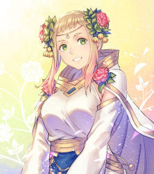 Rule 34 | 1girl, anbe yoshirou, blonde hair, breasts, cape, collarbone, commentary request, double bun, dress, fire emblem, fire emblem heroes, floral background, flower, gold trim, gradient hair, green eyes, hair bun, hair flower, hair ornament, henriette (fire emblem), highres, jewelry, leaf hair ornament, lips, looking at viewer, medium breasts, multicolored hair, nintendo, official alternate costume, parted lips, pink hair, red flower, red rose, robe, rose, short hair, sidelocks, signature, smile, solo, teeth, white cape, white dress, white robe, wide sleeves, yellow flower